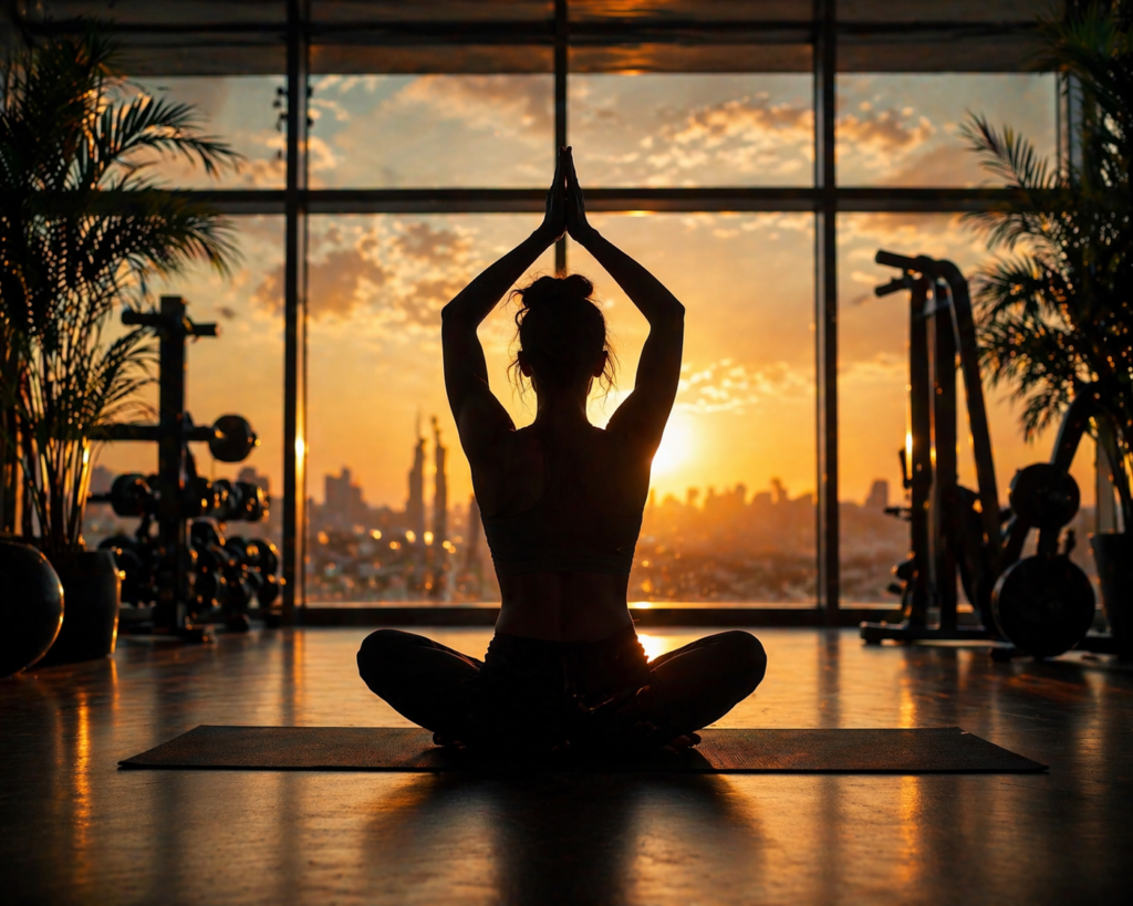 An image showing the yoga instructor having her meditation in front of a sunset.